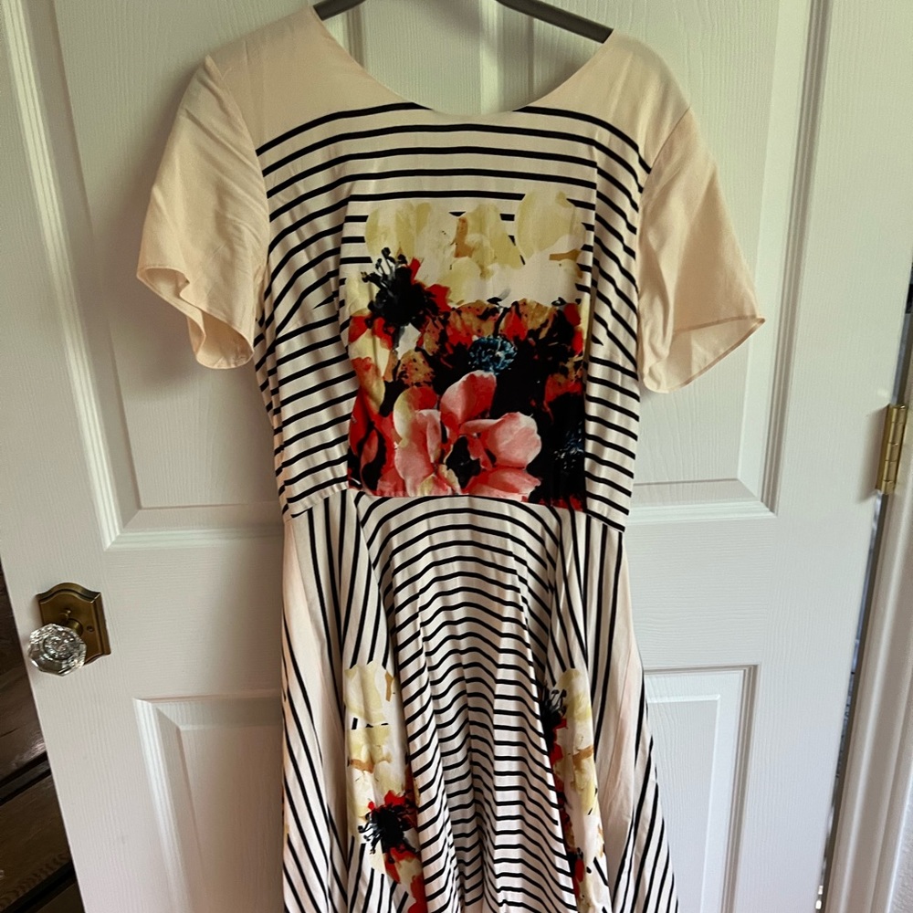 Anthropologie dress with black stripes and floral detail elegant fabric